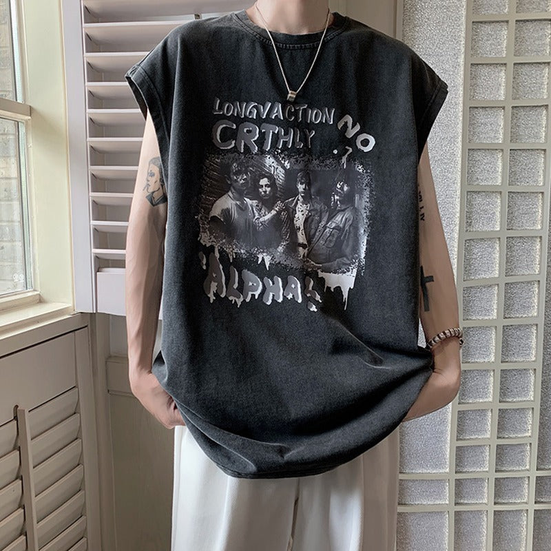 Vintage Washed Graphic Tank Mens Loose American Hip Hop Sleeveless Tee
