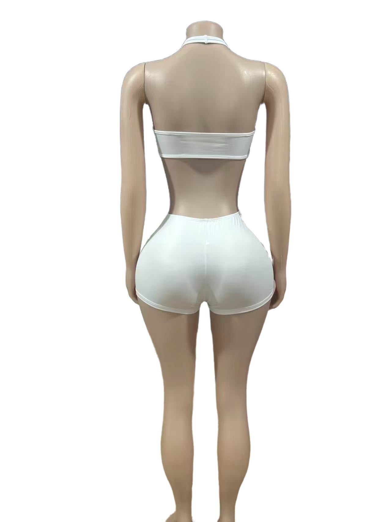 Halter Neck Cutout Bodycon 2 Piece Outfit Women Sexy Club Shorts Set