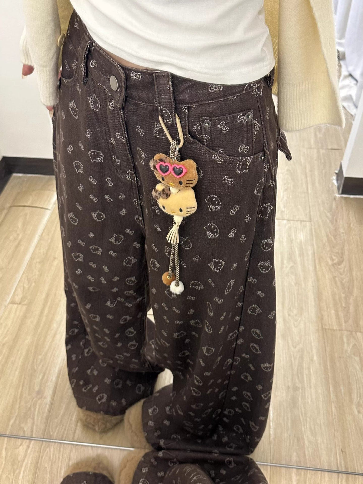 Brown Hello Kitty Print Wide Leg Denim Jeans High Waist Loose Trousers