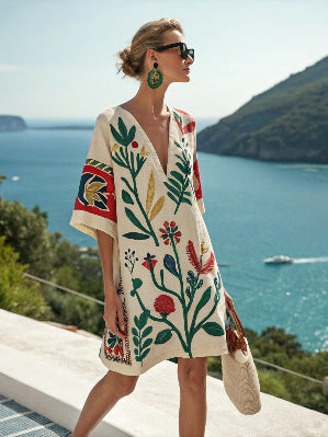 Women Boho Vertical Striped V Neck Loose Short Kaftan Beach Dress