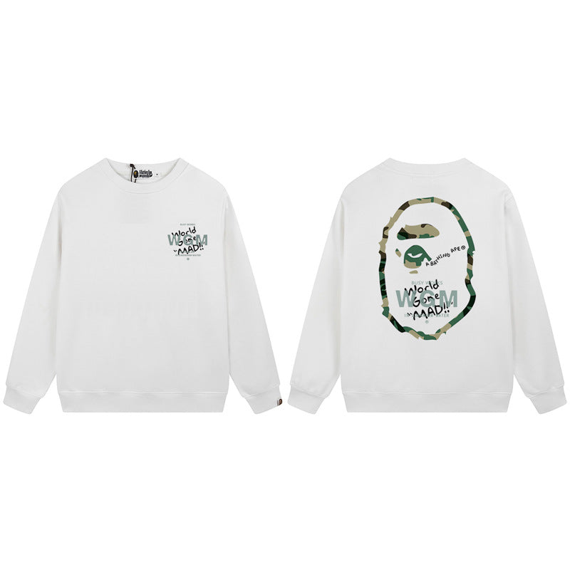 Bape Arch Letter Shark Ape Head Washed Oversized Crewneck Streetwear