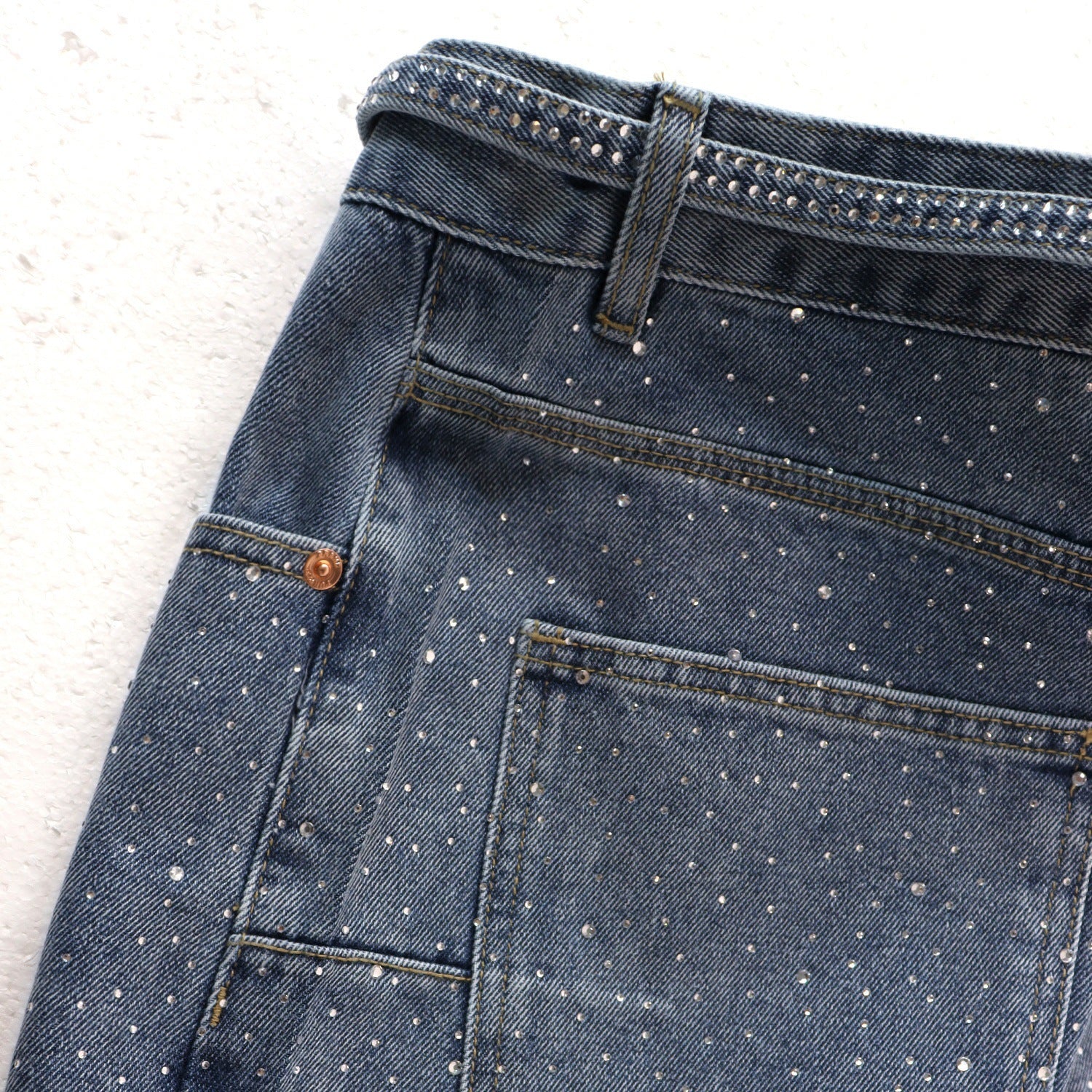 Purple Brand Rhinestone Straight‑Leg Denim Shorts Unisex