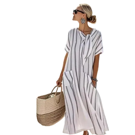 Women Boho Vertical Striped Tie Neck Pocket Loose Maxi Beach Dress