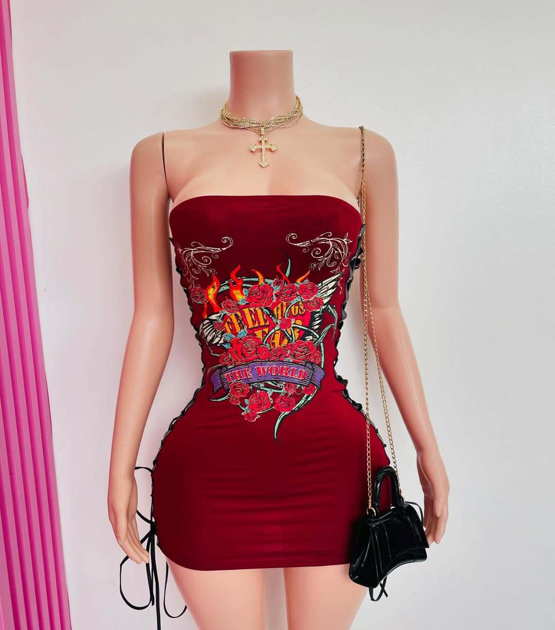 Floral Graphic Print Strapless Drawstring Side Bodycon Mini Dress Women
