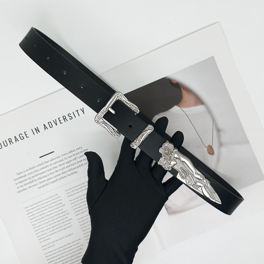 Retro Western Engraved Mermaid Dagger Leather Belt Streetwear Unisex
