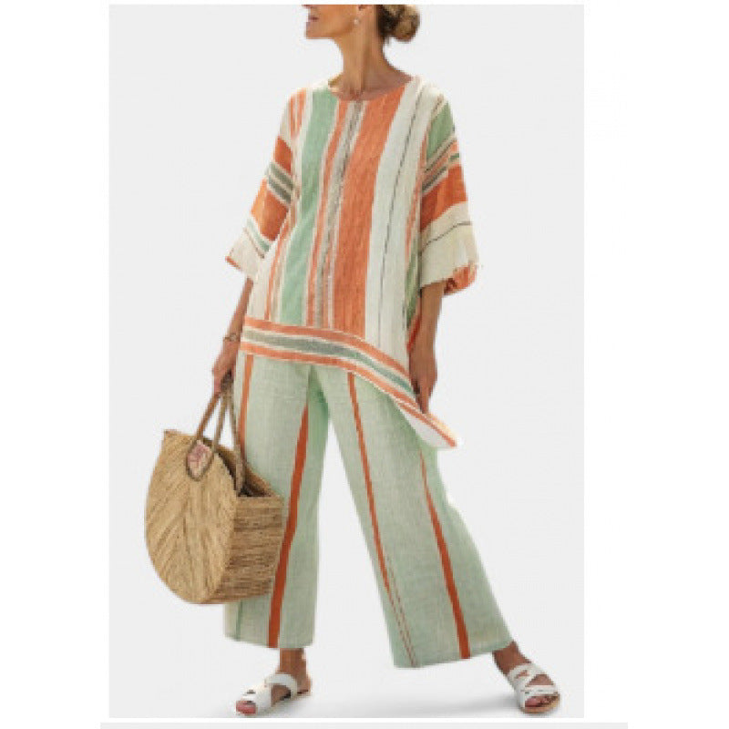 Women Boho Striped Print Round Neck Short Sleeve Wide Leg Beach Set