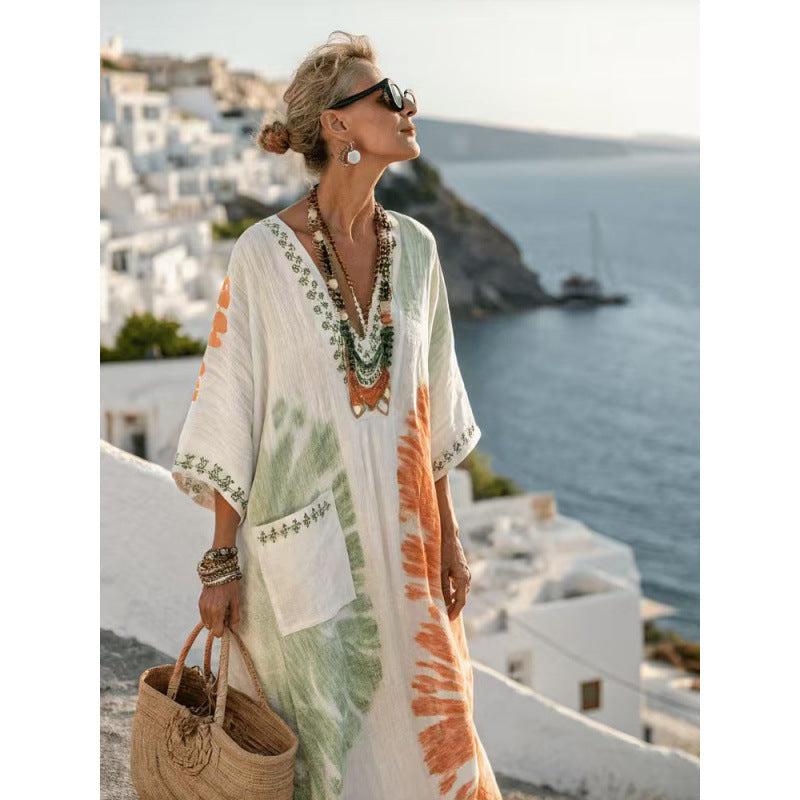 Women Boho Striped Embroidery V Neck Loose Kaftan Maxi Beach Dress
