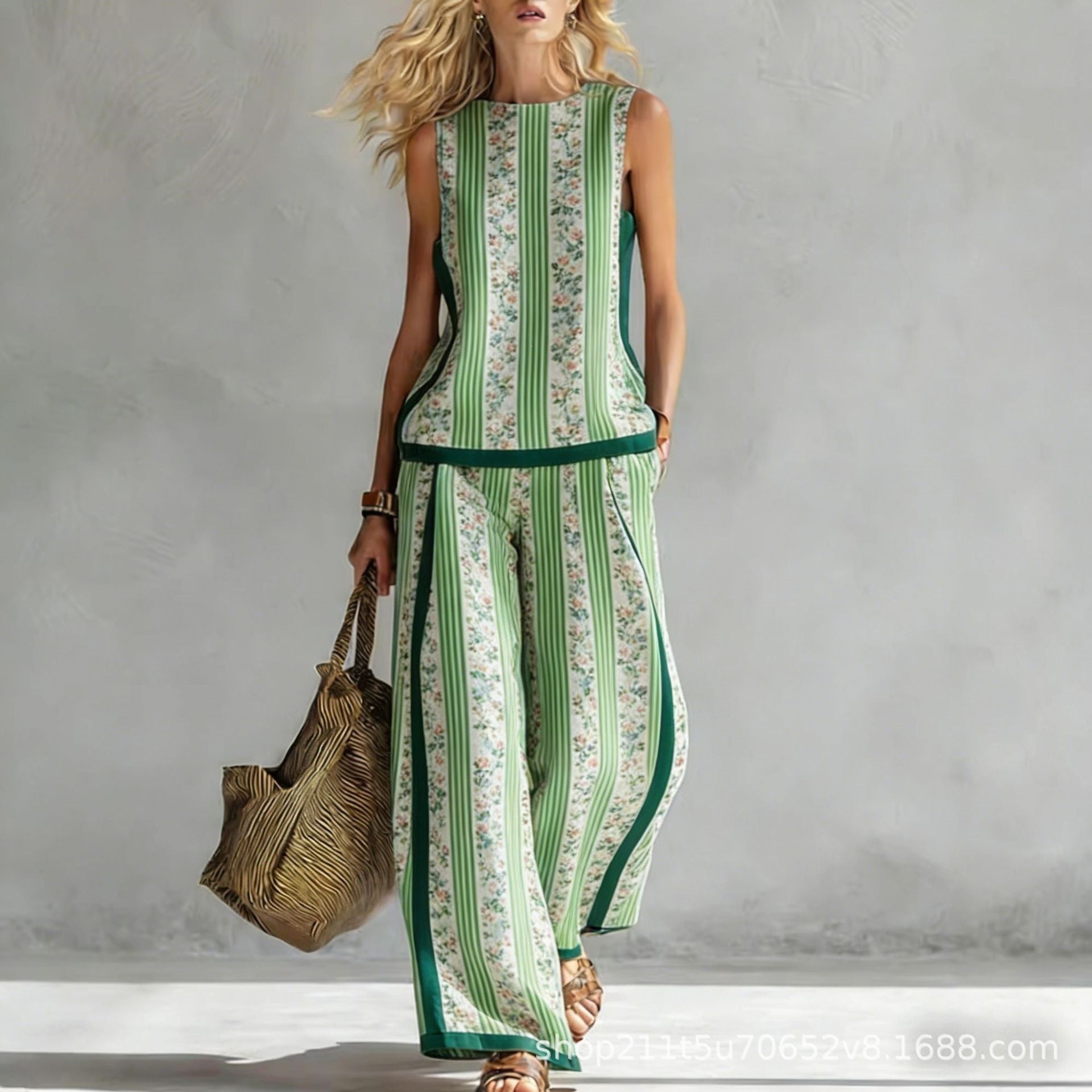 Boho Striped Floral Trim Sleeveless Wide Leg Two Piece Set