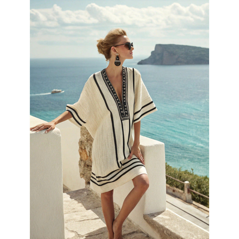 Women Boho Striped V Neck Loose Kaftan Midi Beach Dress