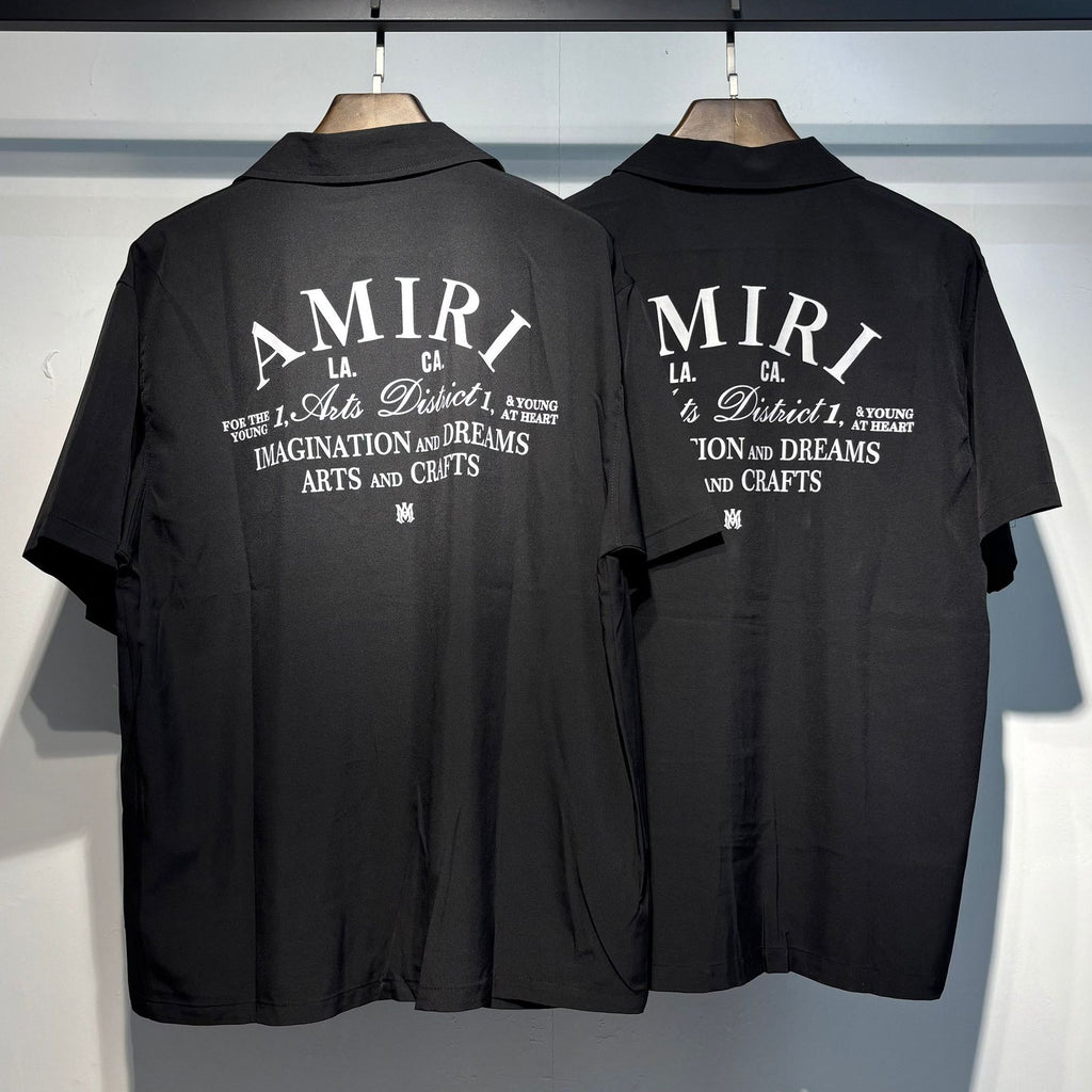 Camp Collar Arch Letter Print Loose Short Sleeve Shirt