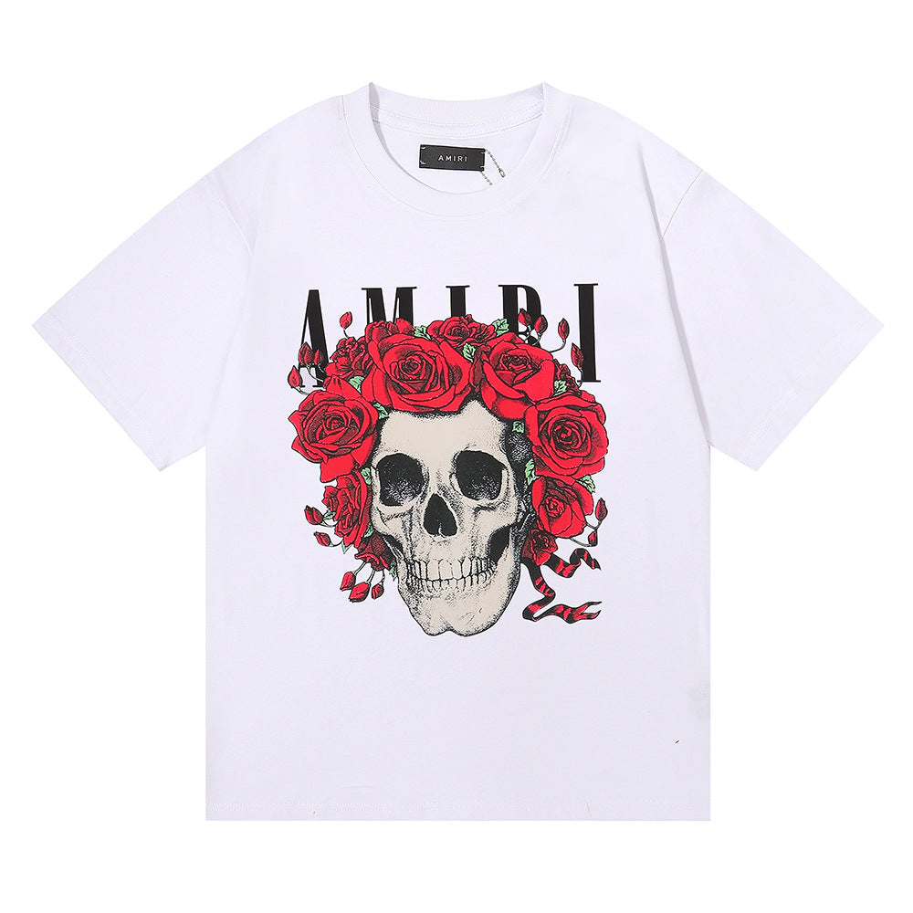 Amiri Rose Skull Letter Graphic Short Sleeve Tee Streetwear Unisex