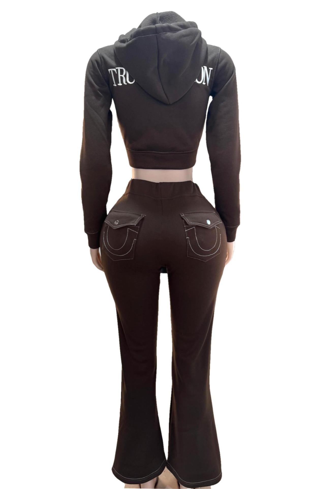Y2K True Religion Contrast Stitch Embroidery Crop Hoodie 2 Piece Set