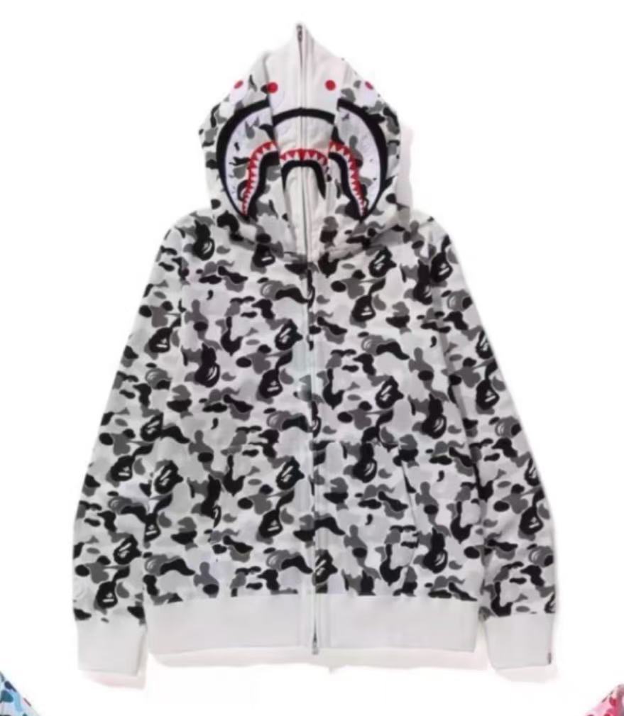 BAPE Double Hood Shark Tiger Camo Embroidered Zip Hoodie