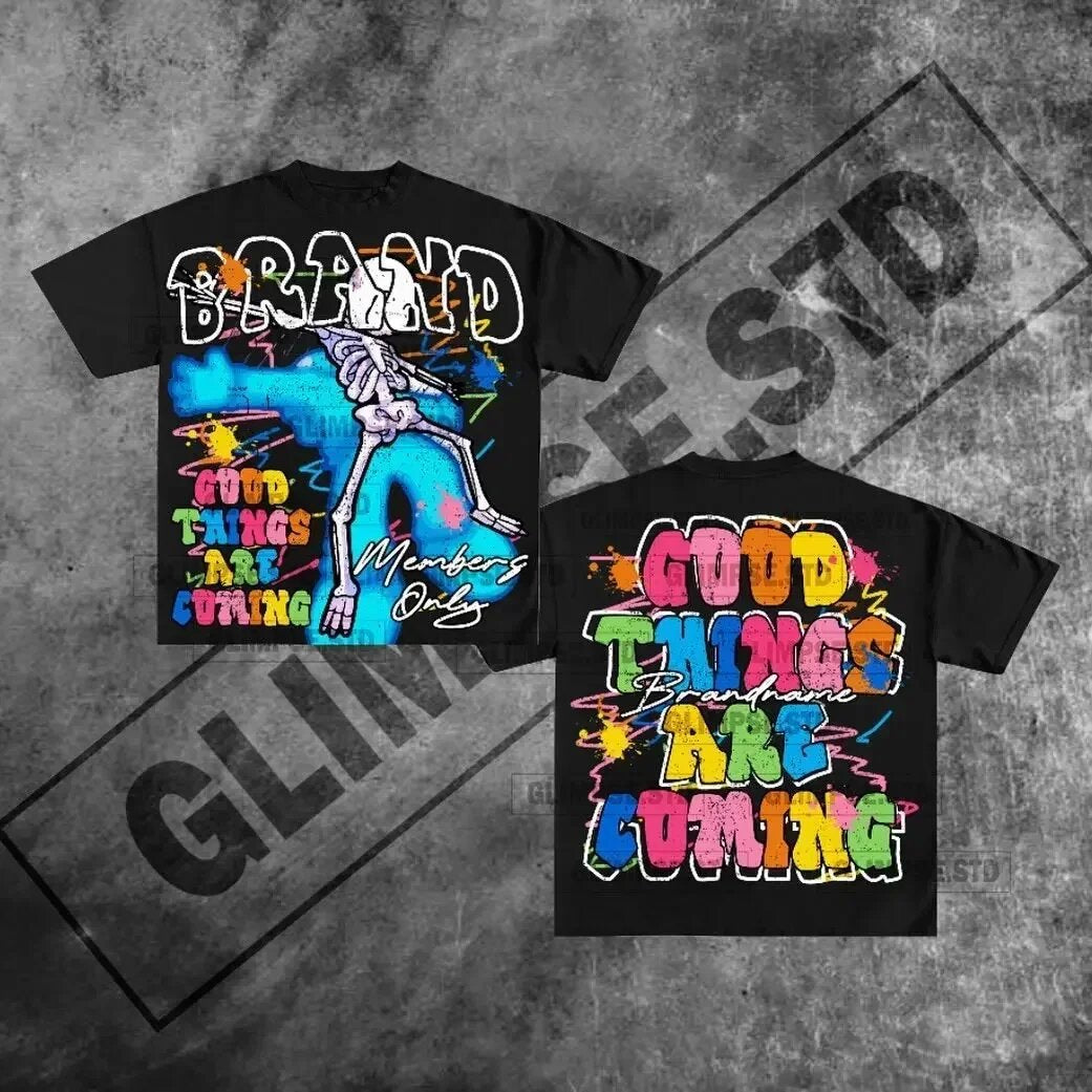 Y2K Rich Club Style Hip Hop Portrait Spruch Übergroßes Streetwear Baumwoll T-Shirt