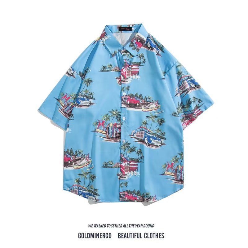Mens Vintage Cartoon Tropical Print Short Sleeve Beach Shirt