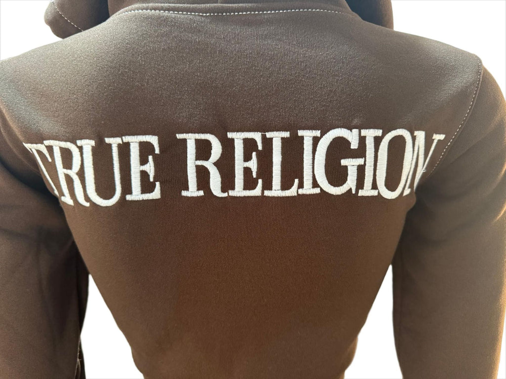 Y2K True Religion Contrast Stitch Embroidery Crop Hoodie 2 Piece Set