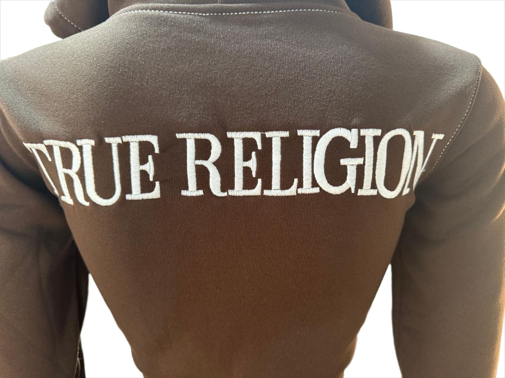 Y2K True Religion Contrast Stitch Embroidery Crop Hoodie 2 Piece Set
