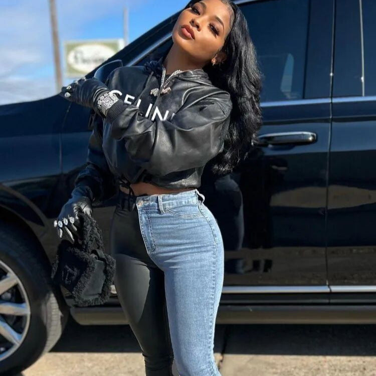 Letter Print PU Leather Cropped Hoodie Women