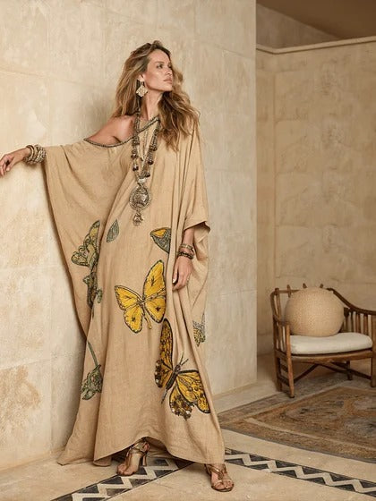 Women Boho Diagonal Striped Off Shoulder Loose Kaftan Maxi Beach Dress