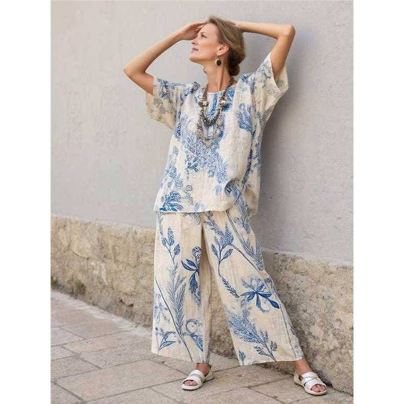 Women Boho Gradient Print Round Neck Batwing Loose Beach Two Piece Set