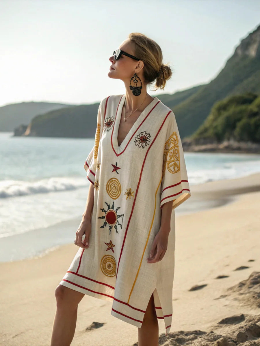 Women Boho Geometric Print V Neck Loose Kaftan Maxi Beach Dress