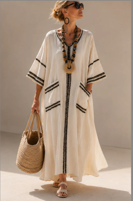 Women Boho Border Print V Neck Loose Kaftan Maxi Beach Dress