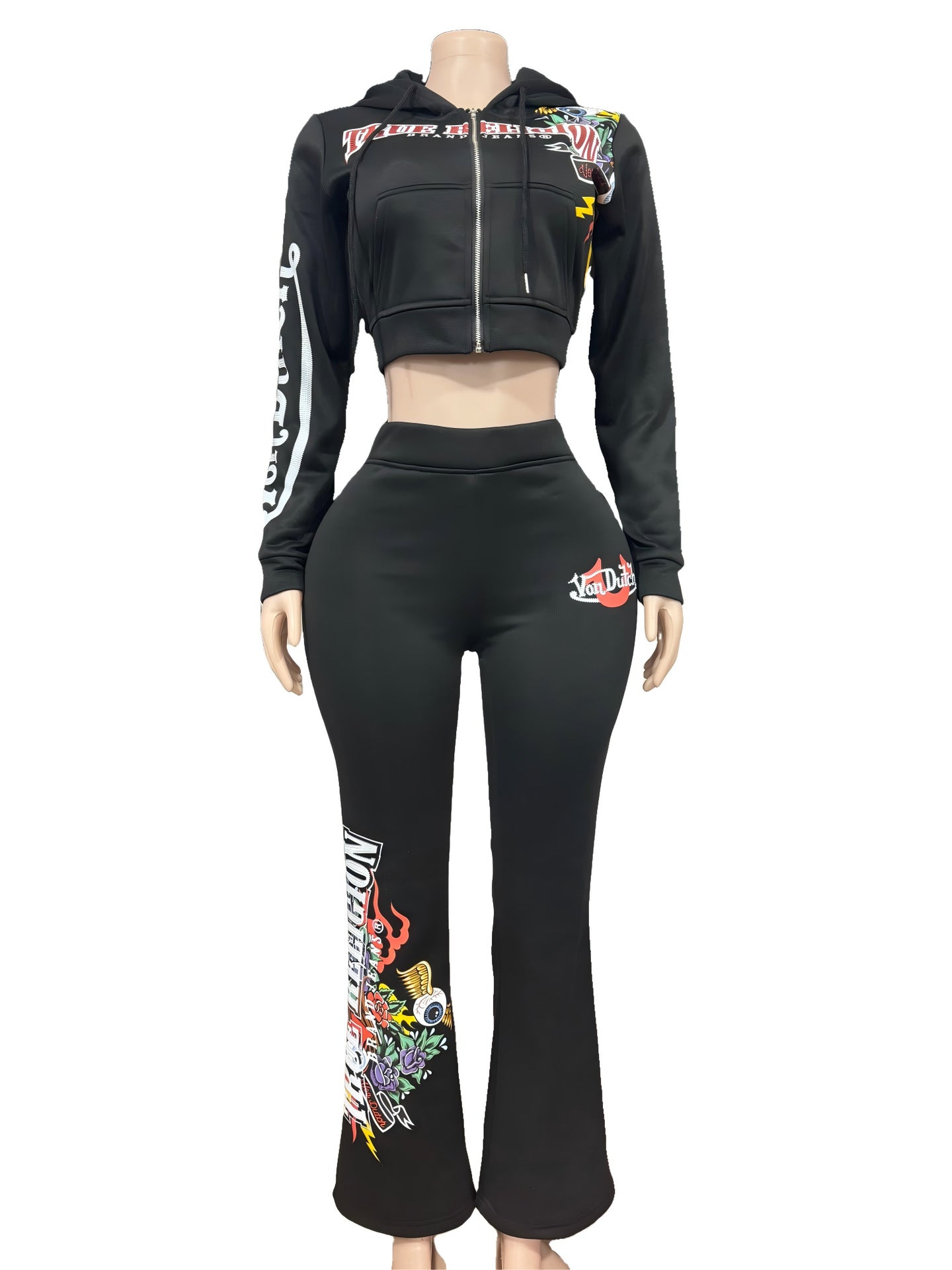 True Religion Graphic Zip Crop Hoodie Flare Pants 2 Piece Set