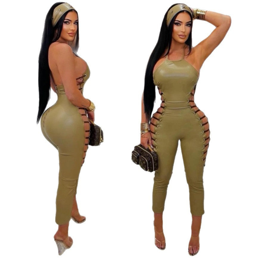 Faux Leather Halter Back Zipper Side Cutout Lace Up Jumpsuit Women