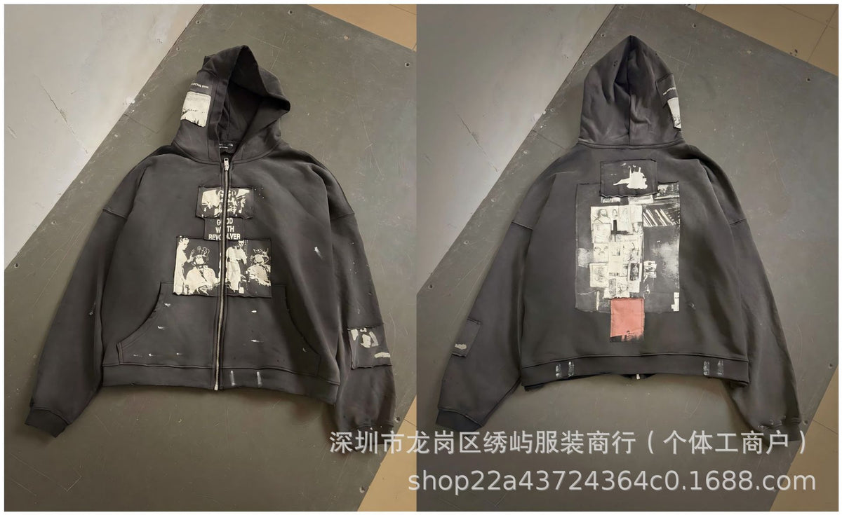 ERD Distressed Photo Letter Print Hoodie Vintage Cotton Pullover