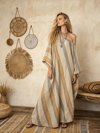 Women Boho Diagonal Striped Off Shoulder Loose Kaftan Maxi Beach Dress
