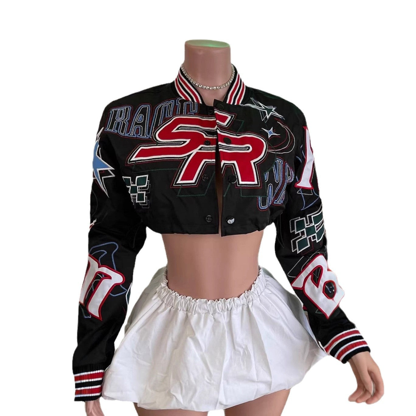 Embroidered Cropped Varsity Jacket Women Long Sleeve Baseball Coat