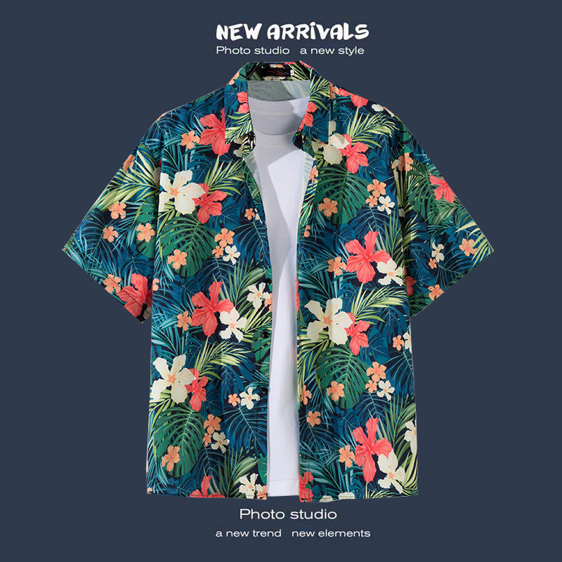 Mens Vintage Tropical Hawaiian Floral Loose Short Sleeve Beach Shirt