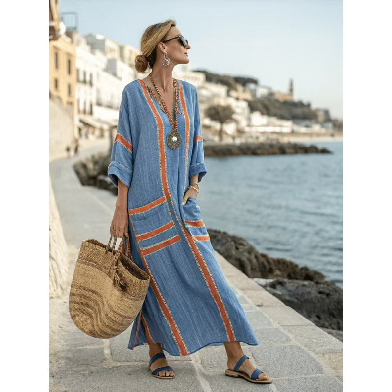 Women Boho Striped Embroidery V Neck Loose Kaftan Maxi Beach Dress