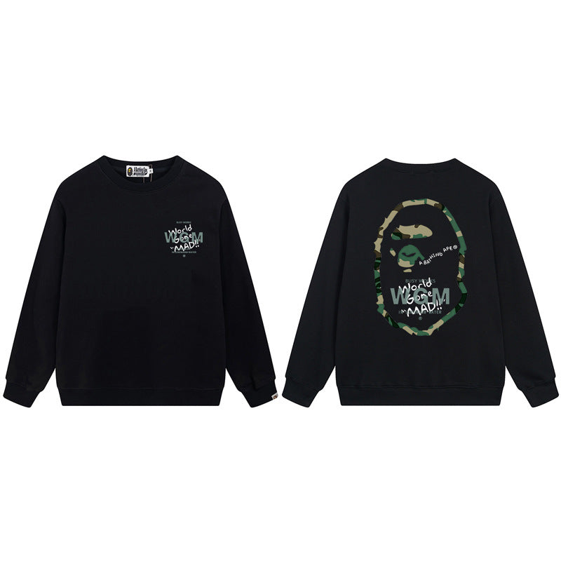 Bape Arch Letter Shark Ape Head Washed Oversized Crewneck Streetwear