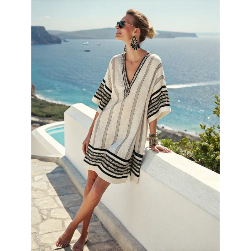 Women Boho Striped V Neck Loose Kaftan Midi Beach Dress