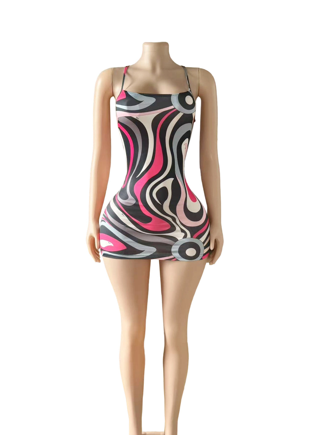 Y2K Abstract Swirl Print Cowl Neck Spaghetti Strap Mini Dress