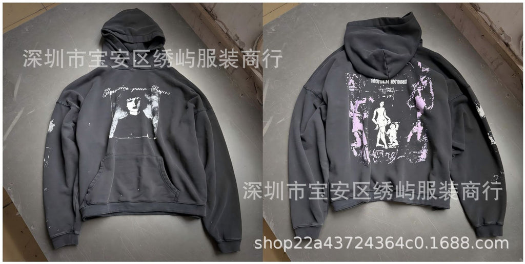 ERD Distressed Photo Letter Print Hoodie Vintage Cotton Pullover