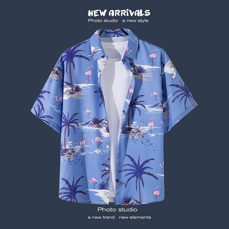 Mens Vintage Tropical Hawaiian Floral Loose Short Sleeve Beach Shirt
