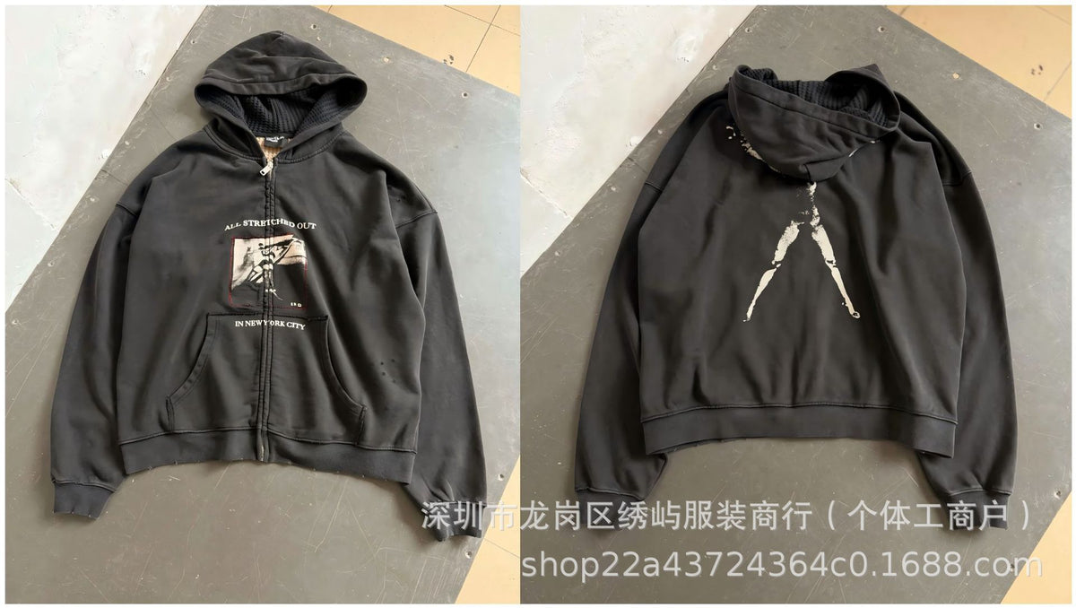 ERD Distressed Photo Letter Print Hoodie Vintage Cotton Pullover