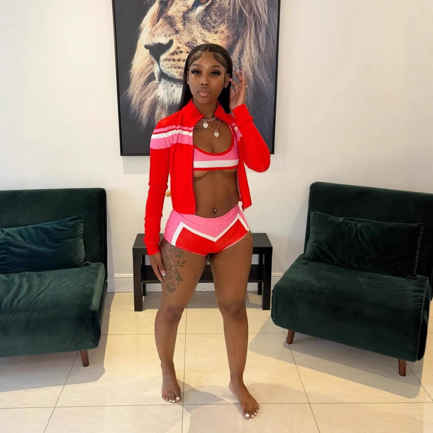 Y2K Color Block Zip Crop Jacket Bikini Short 3 Piece Set
