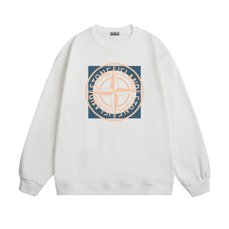 Stone Island Compass Print Crewneck Sweatshirt Men Winter Fleece Top