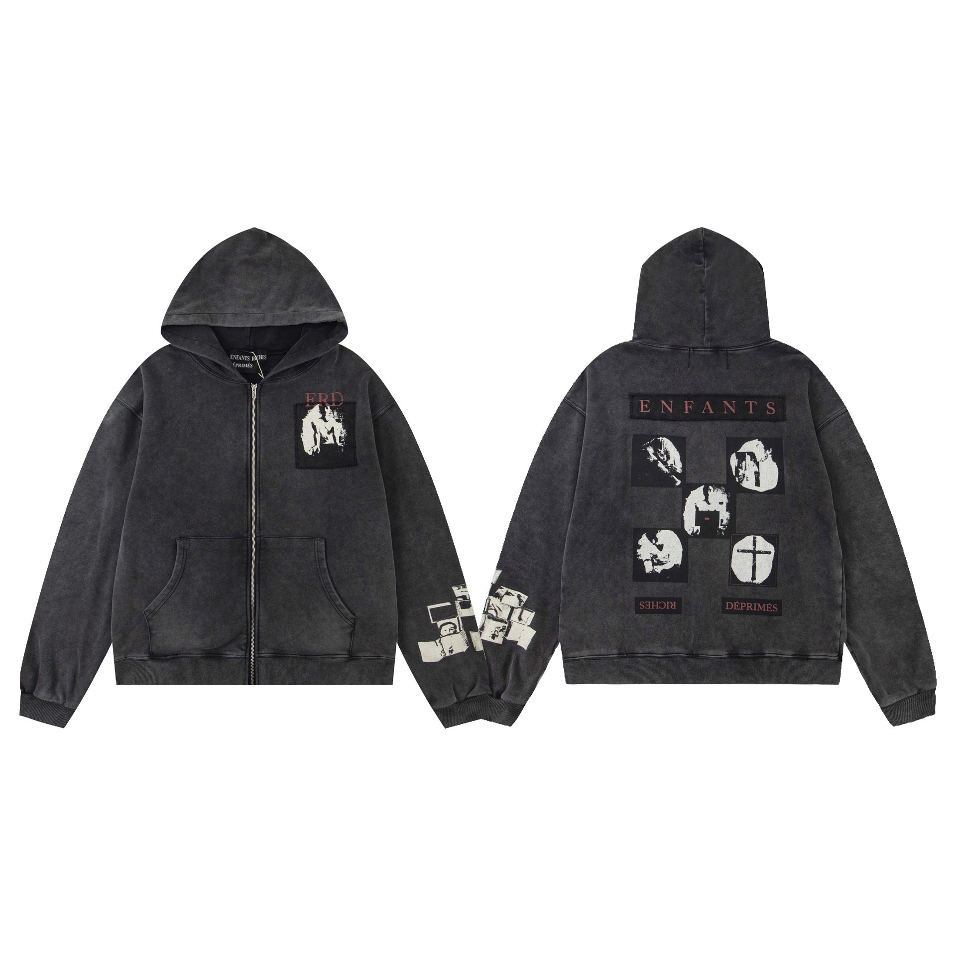 ERD Distressed Washed Vintage Full Zip Hoodie Jacket Unisex