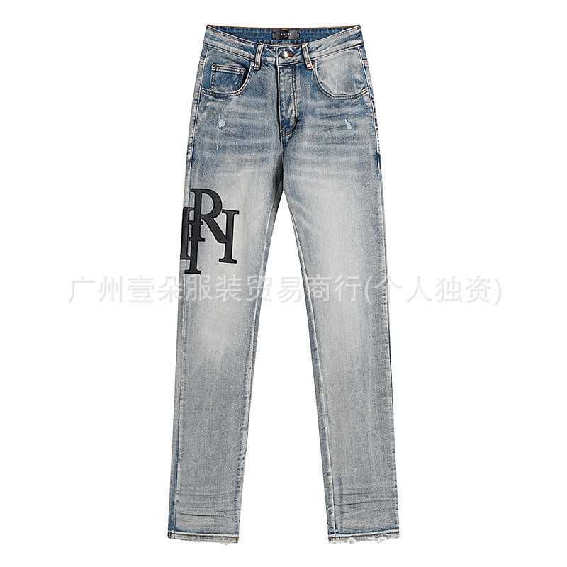 Amiri Blue Letter Embroidery Distressed Stretch Slim Fit Denim Jeans