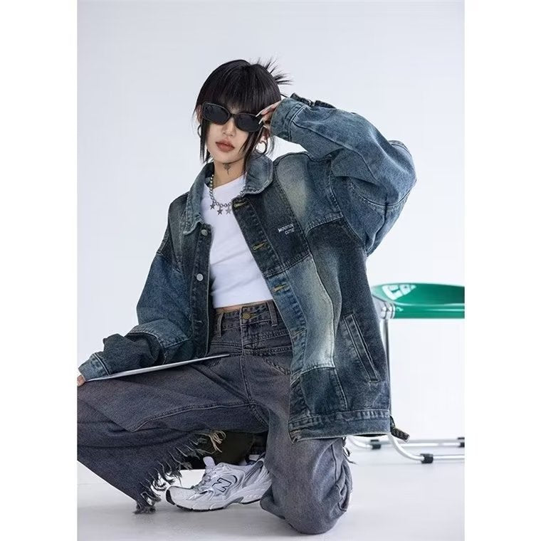 Y2K Vintage Washed Spliced Denim Zip‑Up Jacket Streetwear Unisex