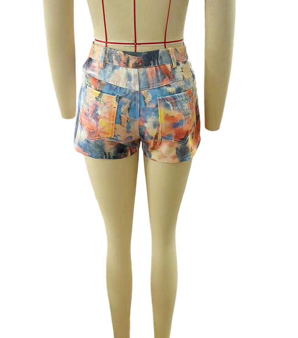 Vintage Printed High Waist Denim Shorts Women Casual Hot Pants