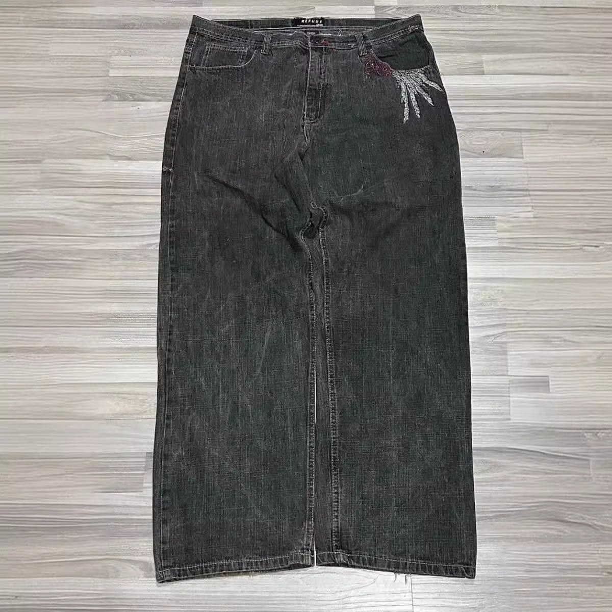 Y2K Gothic Wing & Cross Embroidered Baggy Wide Leg Denim Jeans
