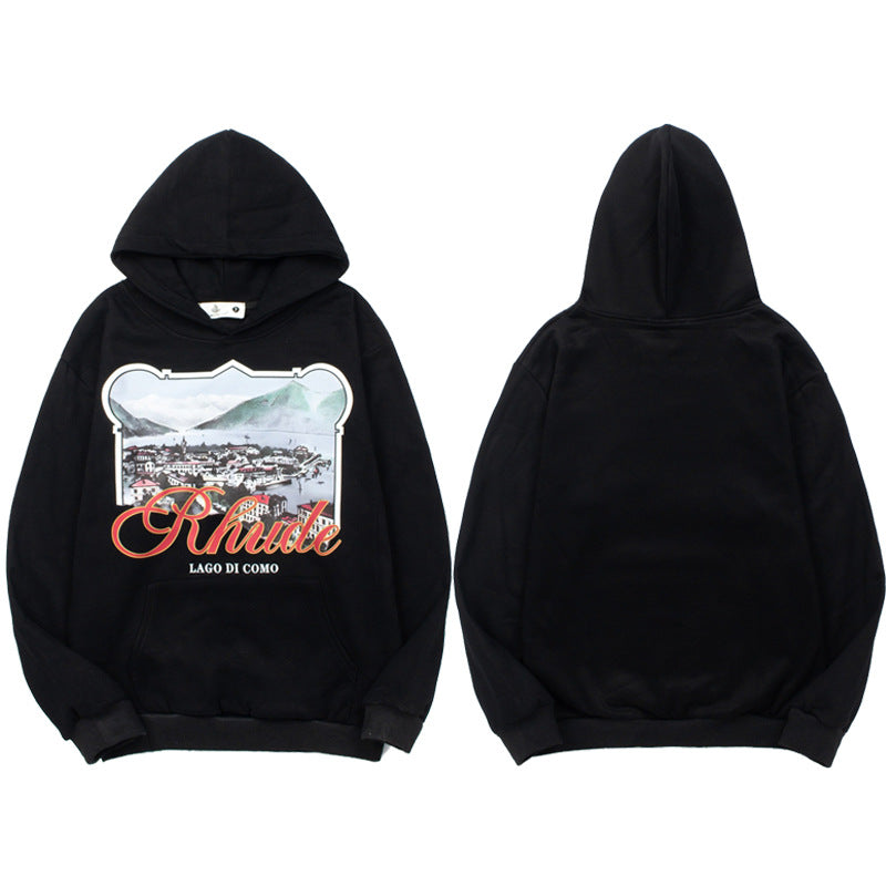 Rhude Vintage Eagle Flame Print Hoodie Retro Streetwear Loose Pullover