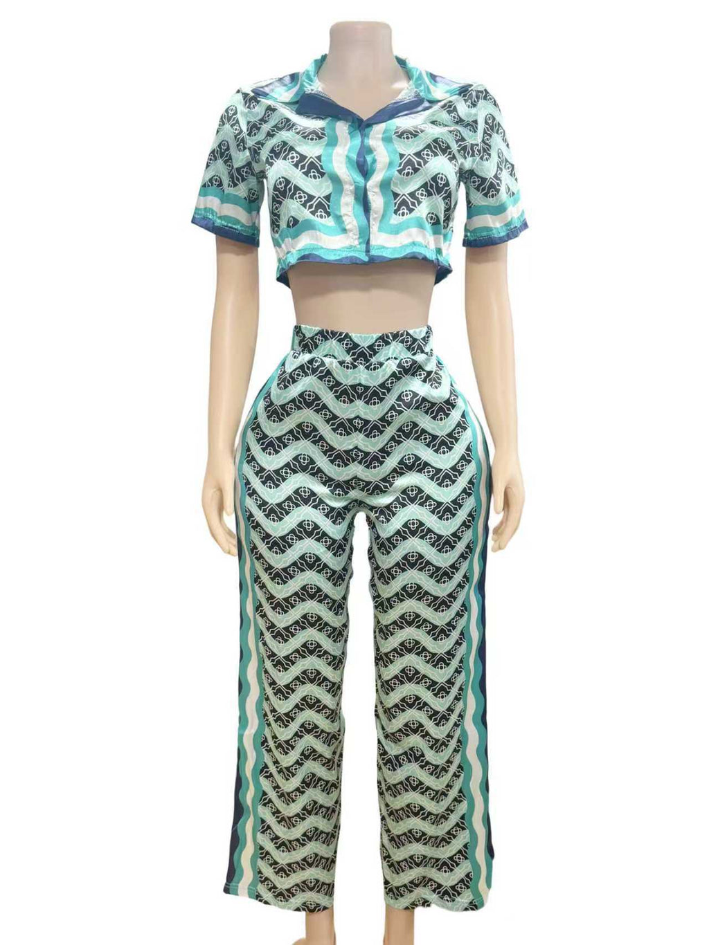Graphic Printed Collared Crop Shirt Wide Leg Pants 2 Piece Outfit Women