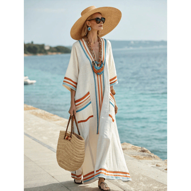 Women Boho V Neck Patch Pocket Print Loose Kaftan Maxi Beach Dress
