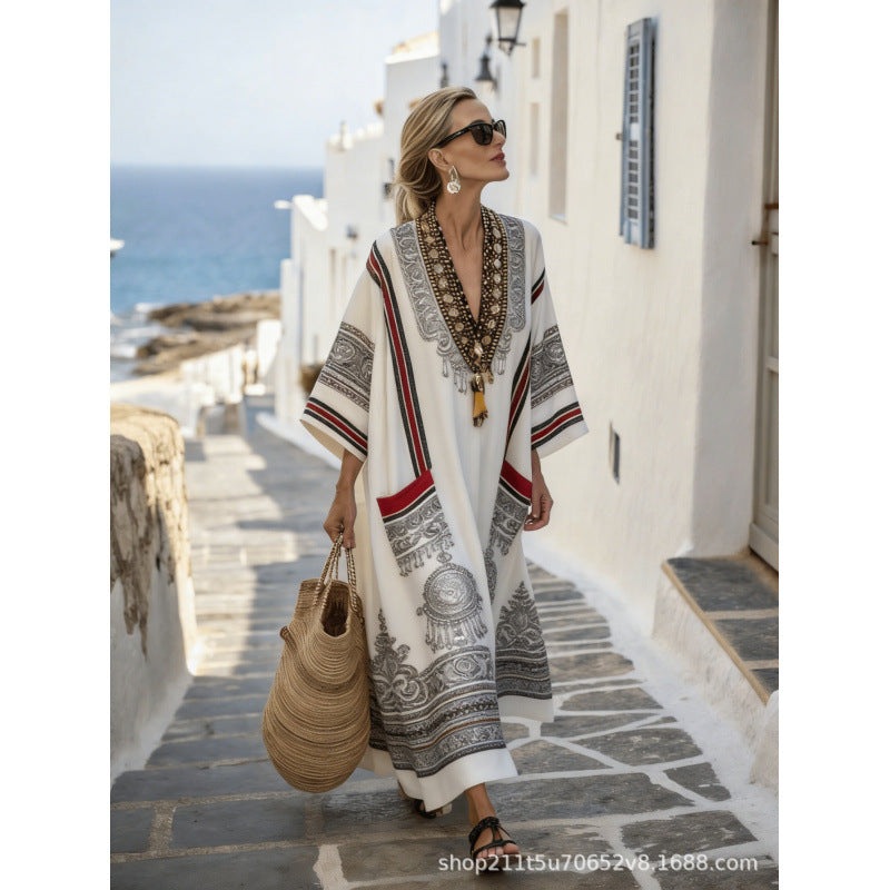 Women Boho Border Print V Neck Loose Kaftan Maxi Beach Dress